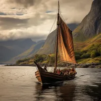 A small sailing boat heading past a rocky coastline