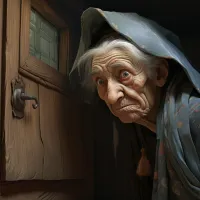 Old cloaked woman opening a door
