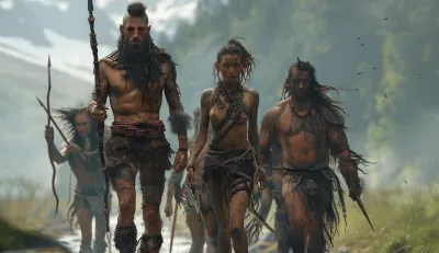 Group of human hunter gatherers walking along a river