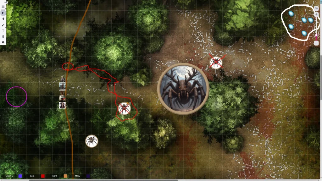 Roll20 map of a woods with spider tokens